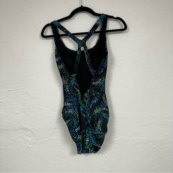 Speedo Blue & Green Spotted One Piece Swimsuit Womens 12 Modest Swim Vacation - Picture 5 of 7